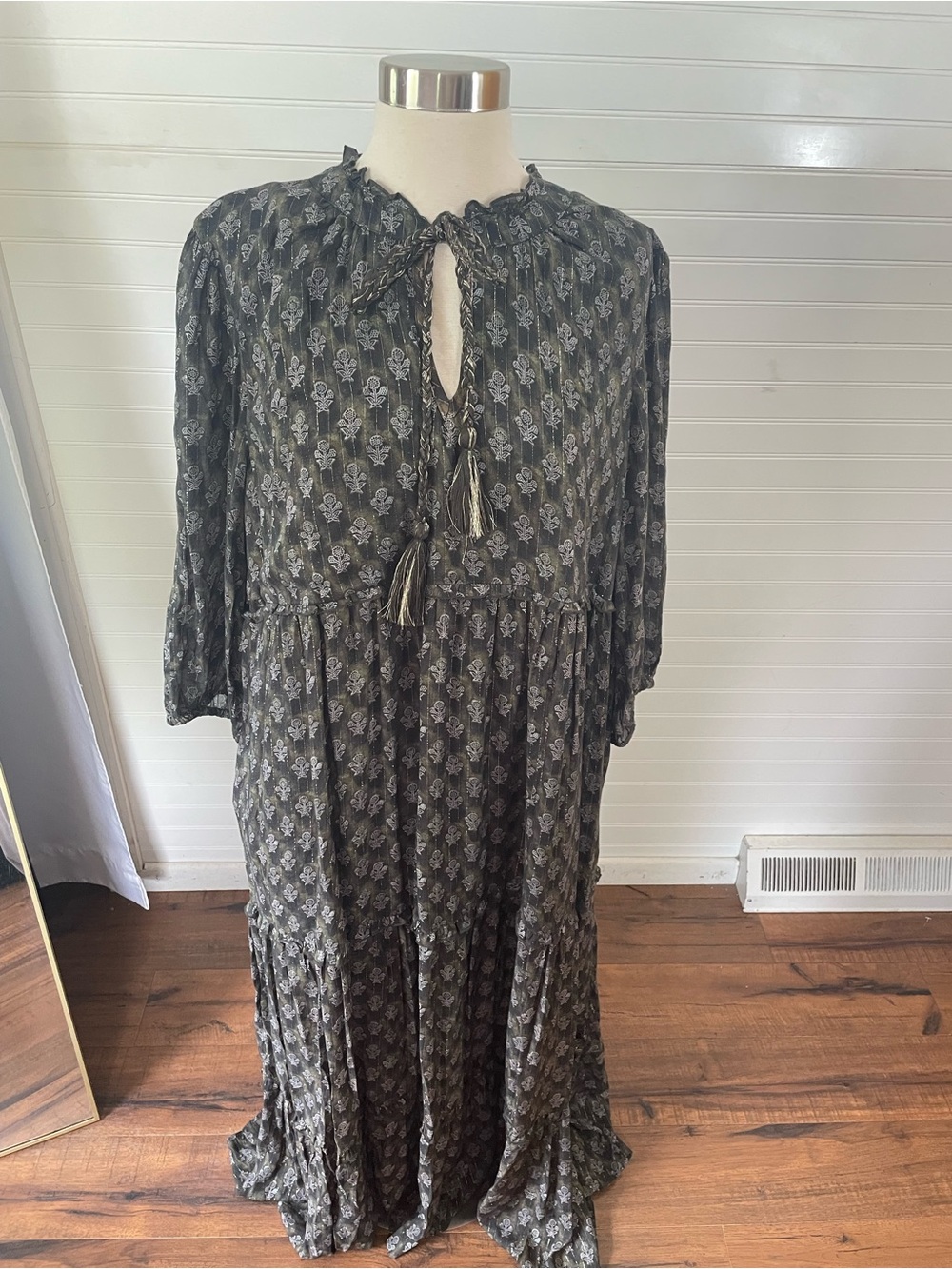 Natural Life Dark Green Boho Block Print Maxi Dress Size XL